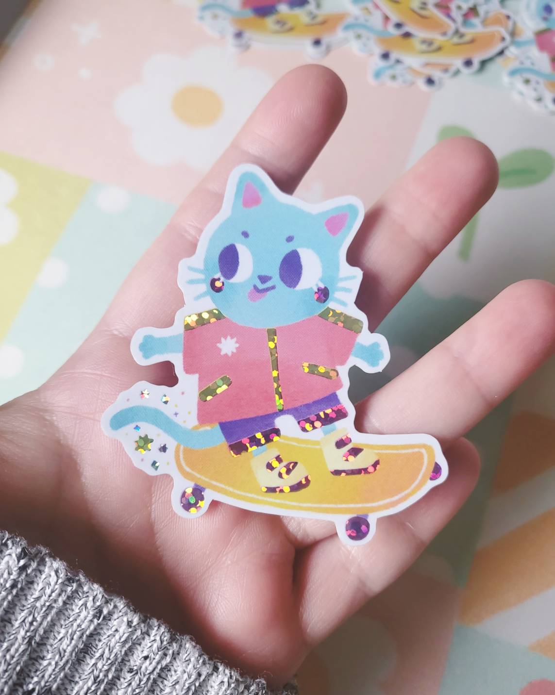 Sticker with glittery details // Skater Cat
